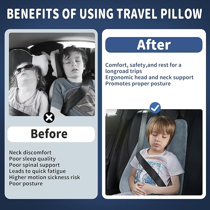 Car Pillow for Kids,Car Pillow for Sleeping, Travel Pillow for Kids with Adjustable Strap – Road Trip Pillow for Kid and Adults, Head and Neck Support, Car Travel Essentials, Pink