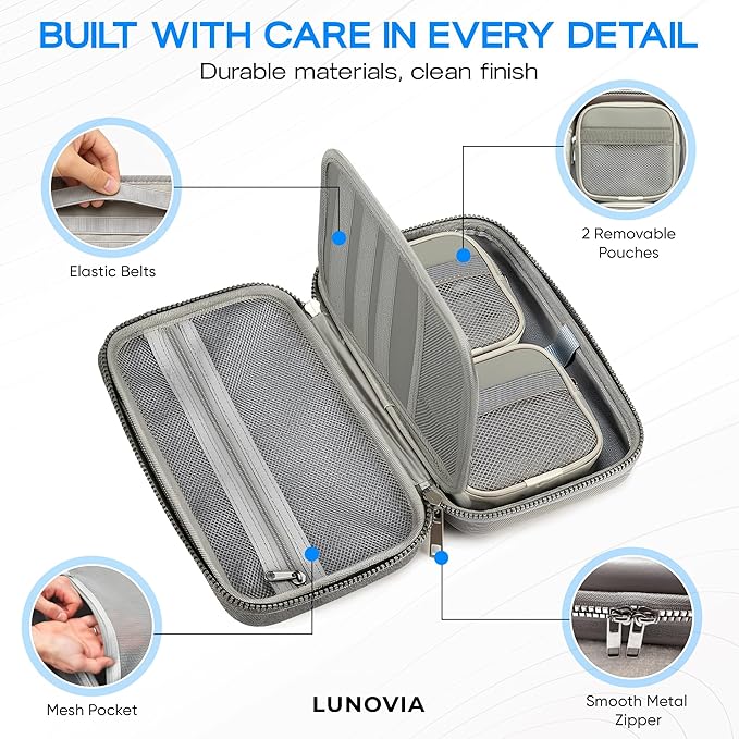 Hard Shell Tech Organizer – Protective Travel Case for Cables, Chargers & Accessories | Mid-Size Electronics Organizer with Removable Pouches