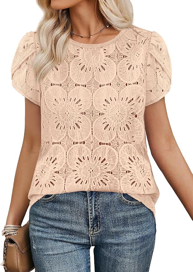 OFEEFAN Blouses for Women Dressy Casual Petal Short Sleeve Shirts Crochet Lace Boho Tops Spring Fashion Summer Outfits