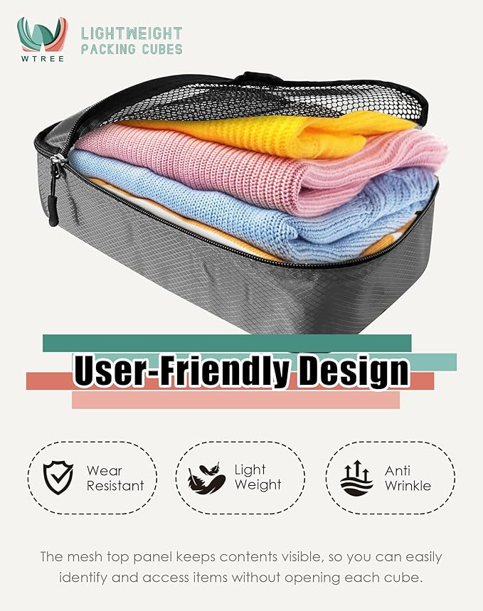 WTREE 4-Piece Packing Cubes Travel Accessories Set for Suitcases - Luggage Organizer Bags with Double Zipper - Mesh Top - Medium - Dark Grey