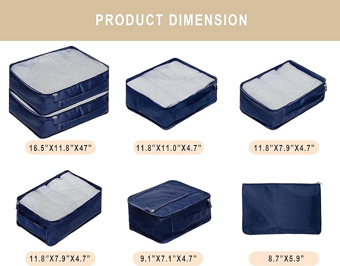 Vercord 7 Set Travel Packing Organizers Cubes Luggage Suitcase Organizer Bags Clothes Underwear Cube Shoe Pouch Pack Dark Blue
