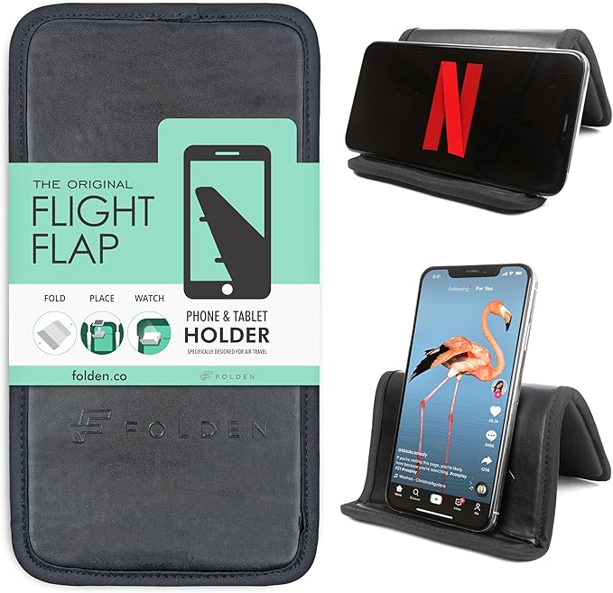 Airplane Phone Holder, Flexible Cell Phone Holder, Folding Cellphone Stand for Desk, Bed, Office, Treadmill - Airplane Gadgets for Long Travel Accessories - Plane Essentials (Vegan Leather)