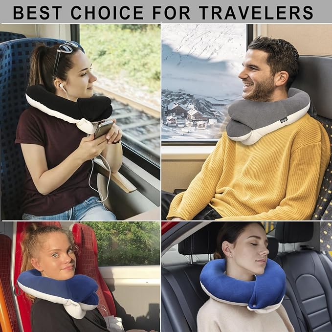BUYUE Travel Neck Pillows for Airplanes, 360° Head Support Sleep for Long Flight, Skin-Friendly & Breathable, Kit with 3D Contoured Eye Mask, Earplugs and Storage Bag (Adult, Green, 90+ lbs)