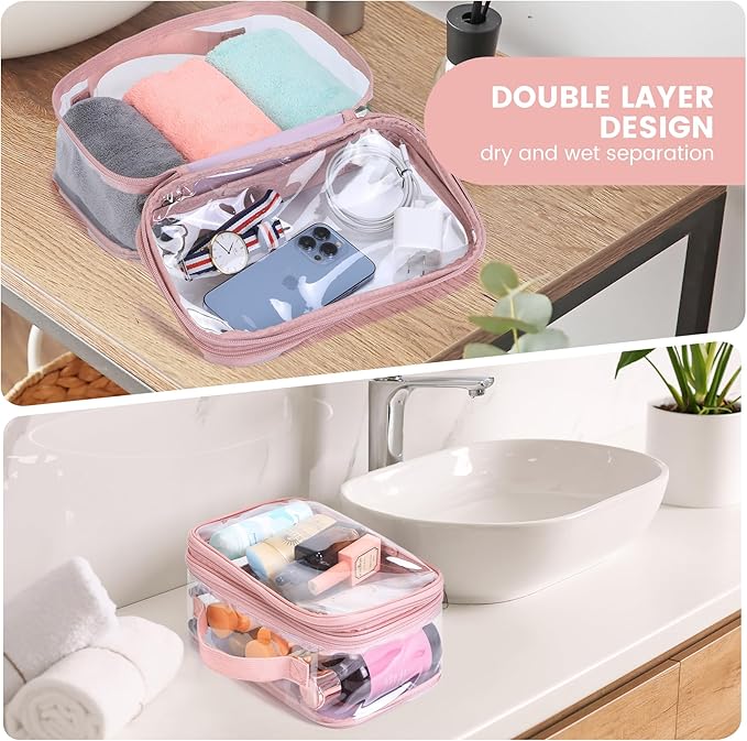 BORMELUN Large clear travel pouch,TSA approved toiletry reusable organizer with zipper proof purse makeup case carry On (Pink)