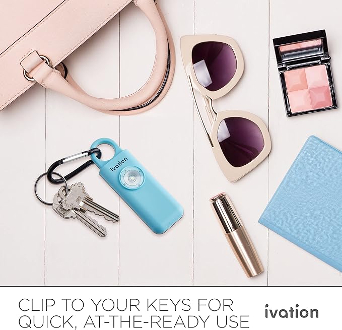 Ivation Personal SOS Alarm Keychain | Self-Defense Safety Siren & LED Panic Strobe Light with Carabiner Clip for Women, Children & Seniors | Pocket Size, Loud 125 dB Sound, Air Travel Friendly