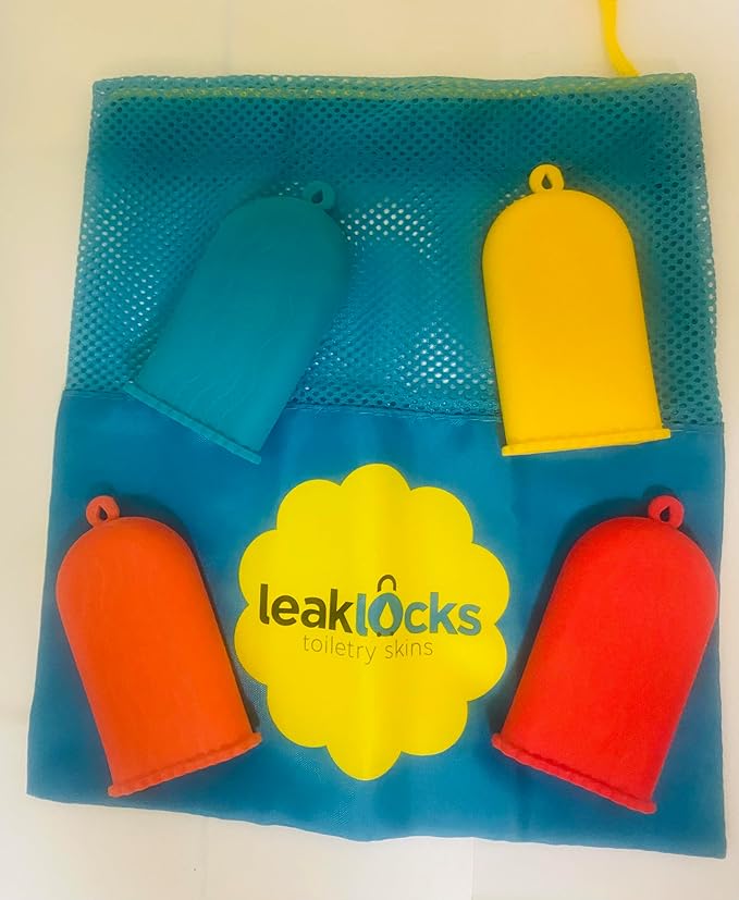 LeakLocks® Toiletry Skins 4-Pack w/Travel Bag. Elastic Sleeve for Leak-Proofing Travel Container in Luggage. Fits Standard/Travel Sized Toiletries. Reusable Accessory for Travel Bag Suitcase/Carry-on