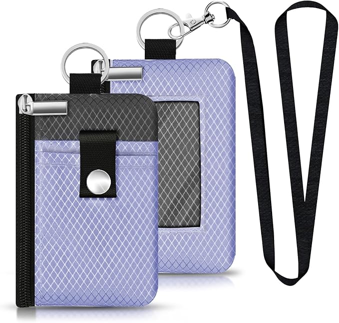 Minimalist RFID Blocking Small Wallet with ID Window,WaterResistant Zip Id Case Wallet with Lanyard Keychain for Cards,Cash,Travel,Women,Men (Lavender Purple/DarkGrey)