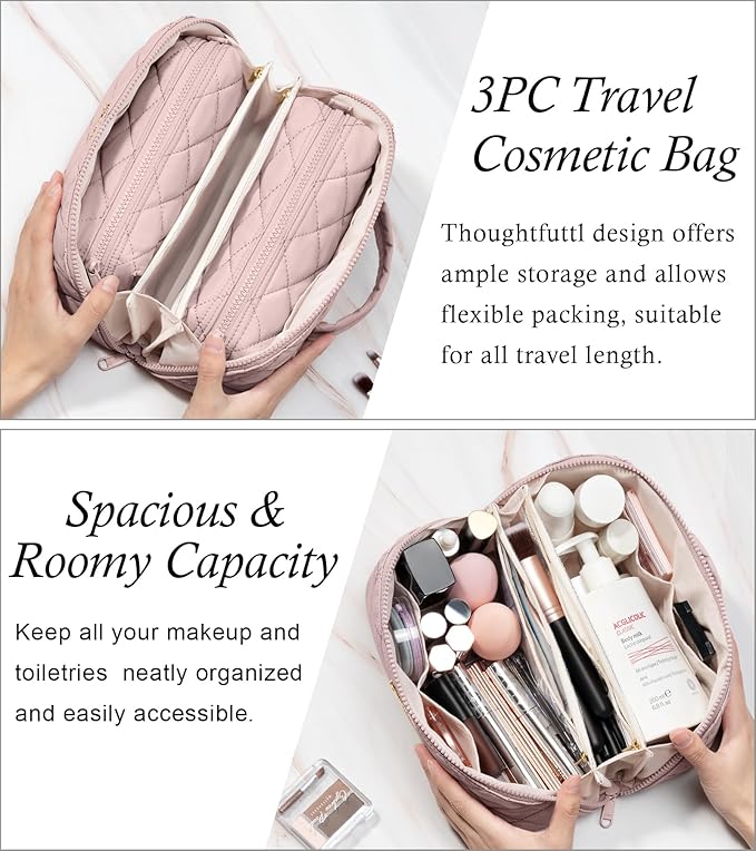 Travel Makeup Bag, 3 Pcs Large Capacity Puffy Toiletry Bag for Women, Open Flat Make up Cosmetic Organizer w/Handle & Clear Divider Water-resistant Portable Pouch Travel Essentials, M-Light Pink