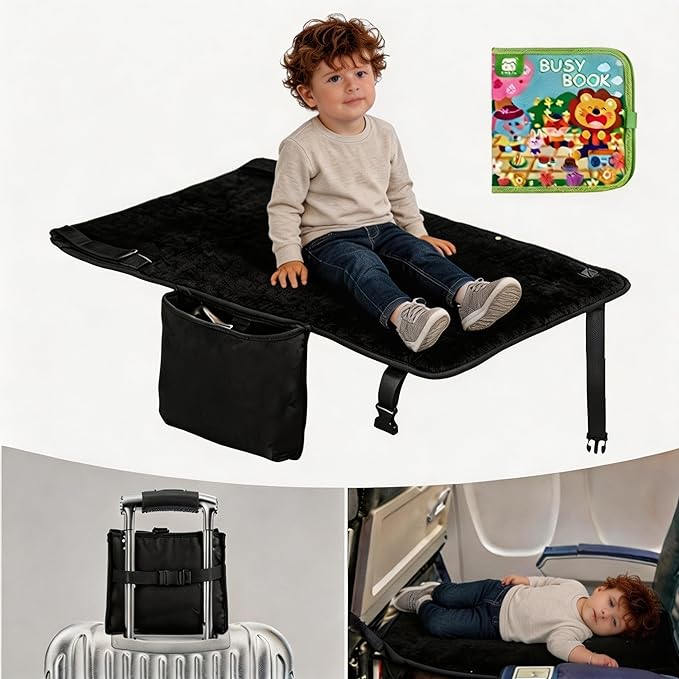 Toddler Airplane Bed with Cloth Book, Portable Airplane Seat Extender Travel Bed for Kids, Soft Baby Plane Travel Essentials for Flying, Toddlers Long Flight Must Haves Footrest