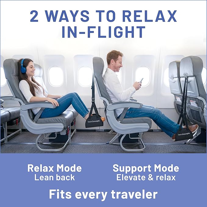 BASIC CONCEPTS Airplane Adjustable Foot Hammock (2 Pack), Perfect or Office Footrest to Relax Your Feet (Memory Foam) - for Travel Accessories, Desk Hammock, Comfy Hanger