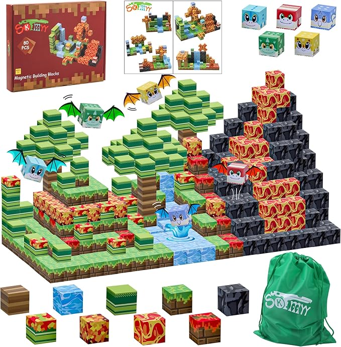 SKTMYY Magnetic Blocks-Volcano & Dinosaur Magnetic Building Blocks Ages 4-8, STEM Sensory Magnet Blocks Cubes Toys for Kids Toddlers Boys & Girls