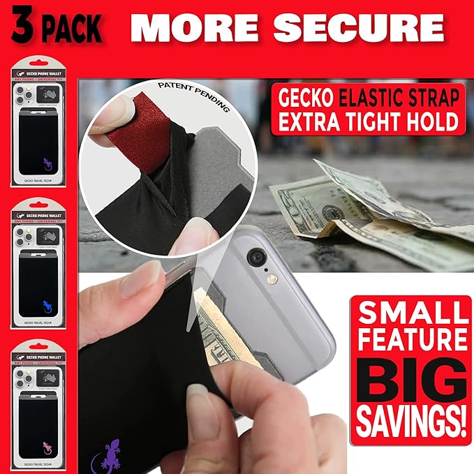 Phone Wallet - Adhesive Card Holder - Cell Phone Pouch - Stick on Lycra Pocket by Gecko - Carry Credit Cards and Cash