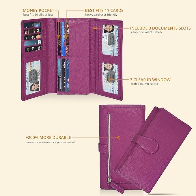 Real Leather Women Wallet Leather with RFID Blocking -Trifold Card Holder Designer Ladies Clutch with ID Window Wallets