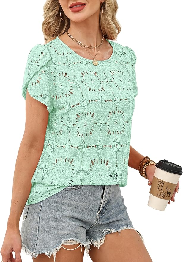 OFEEFAN Blouses for Women Dressy Casual Petal Short Sleeve Shirts Crochet Lace Boho Tops Spring Fashion Summer Outfits