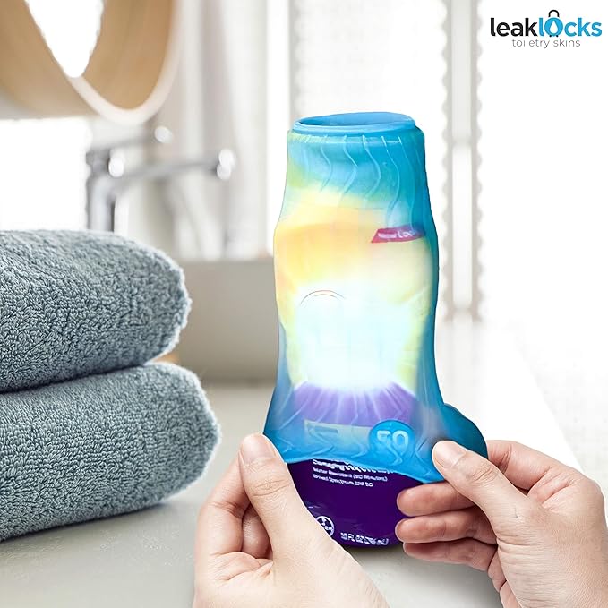 LeakLocks® Toiletry Skins 4-Pack w/Travel Bag. Elastic Sleeve for Leak-Proofing Travel Container in Luggage. Fits Standard/Travel Sized Toiletries. Reusable Accessory for Travel Bag Suitcase/Carry-on