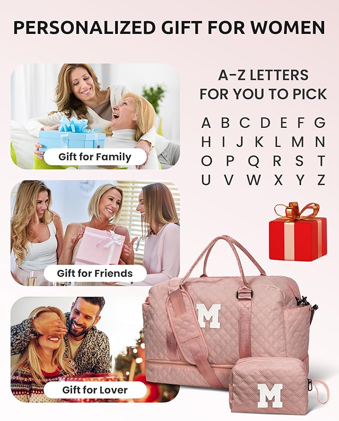 Gifts for Teenage Girls-Bachelorette Personalized Weekender Travel Bag with Monogram, Girls Duffle Bag with Shoulder Strap, Overnight Bag for Women-Sweet 16 Gifts for Girls (Letter W)