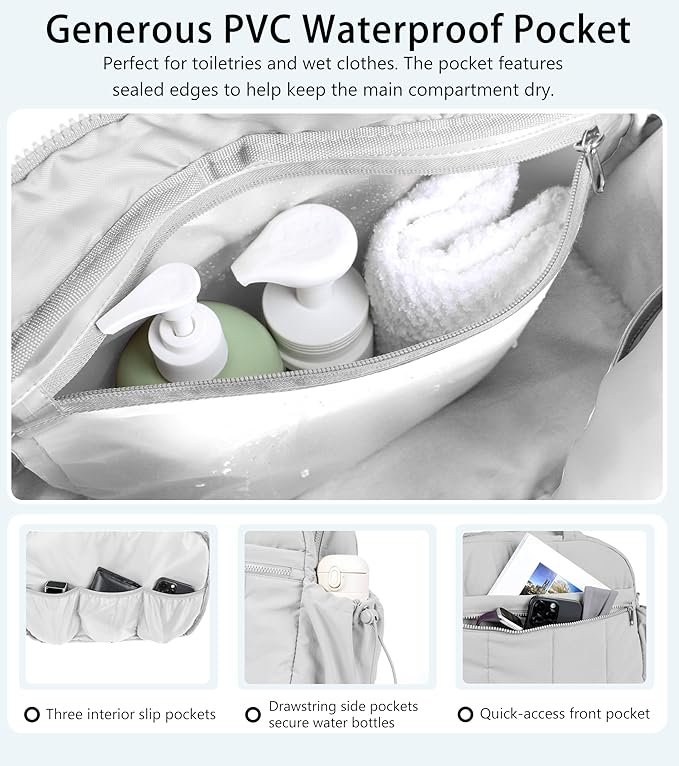 Lightweight Travel Duffle Bag for Women, Quilted Puffy Weekender with Wet Pocket for Gym, Overnight, Personal Item Carry On, Light Grey
