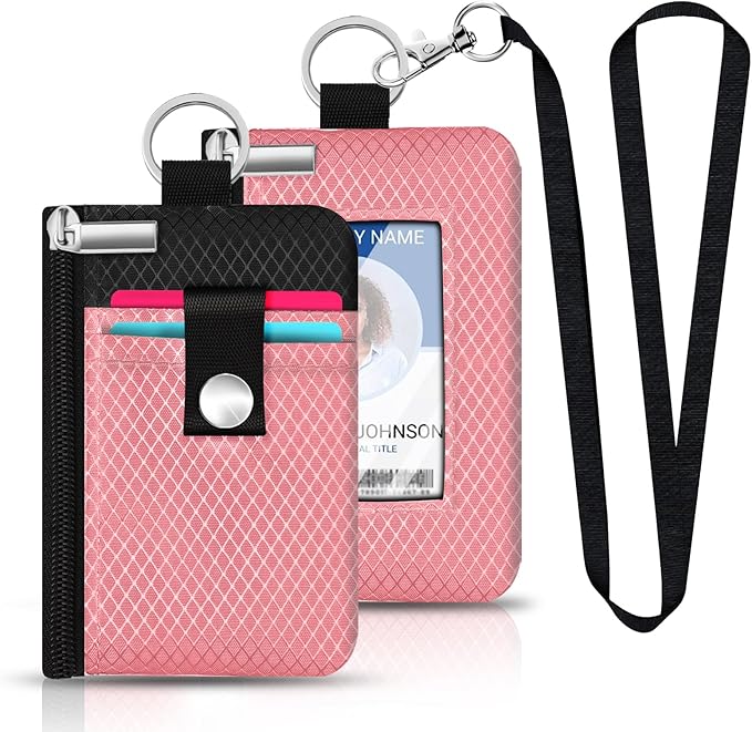 Minimalist RFID Blocking Small Wallet with ID Window,WaterResistant Zip Id Case Wallet with Lanyard Keychain for Cards,Cash,Travel,Women,Men (Pink/Black)