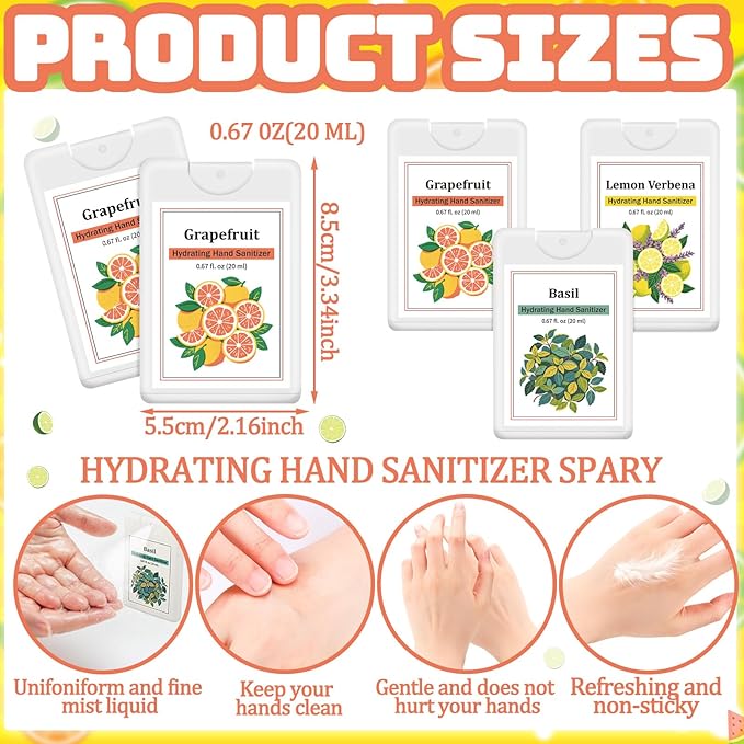 Set of 3 Power Mist Hydrating Hand Sanitizer Spray Bulk Travel Size Moisturizing Hand Sanitizer 0.67 Fl. oz Compact Card Spray Bottle Grapefruit Lemon Verbena Basil for Personal Use Friend Gift