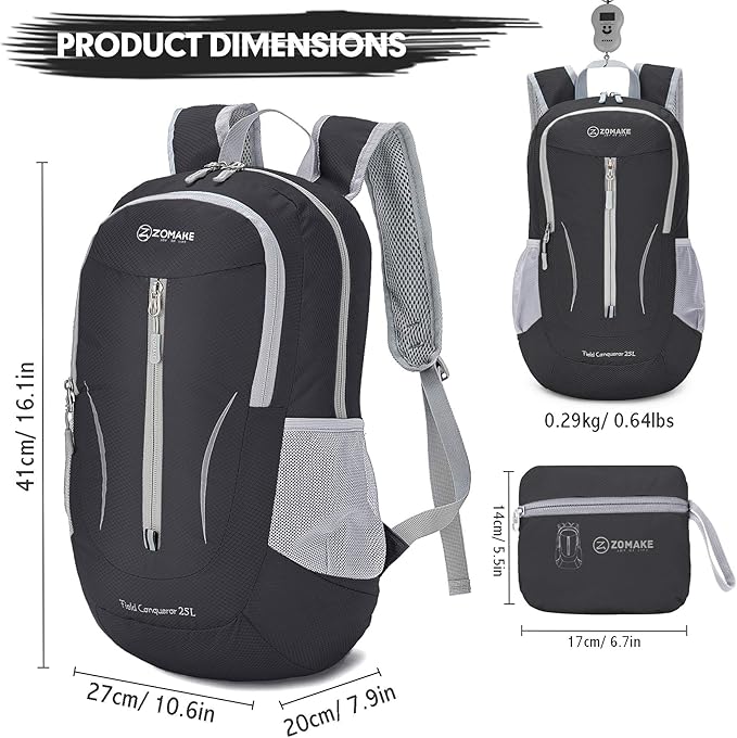 ZOMAKE Ultra Lightweight Packable Backpack 25L, Foldable Hiking Backpacks Water Resistant Small Folding Daypack for Travel(Black)
