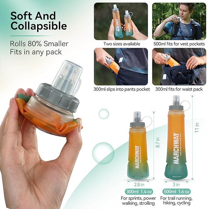 MARCHWAY Soft Hydration Flask with Wide Mouth, 300ml/500ml Collapsible TPU Water Bottle, Leakproof Portable Flexible for Running, Hiking, Cycling, Climbing, Gym, Travel (2pcs Orange-Green 500ml)