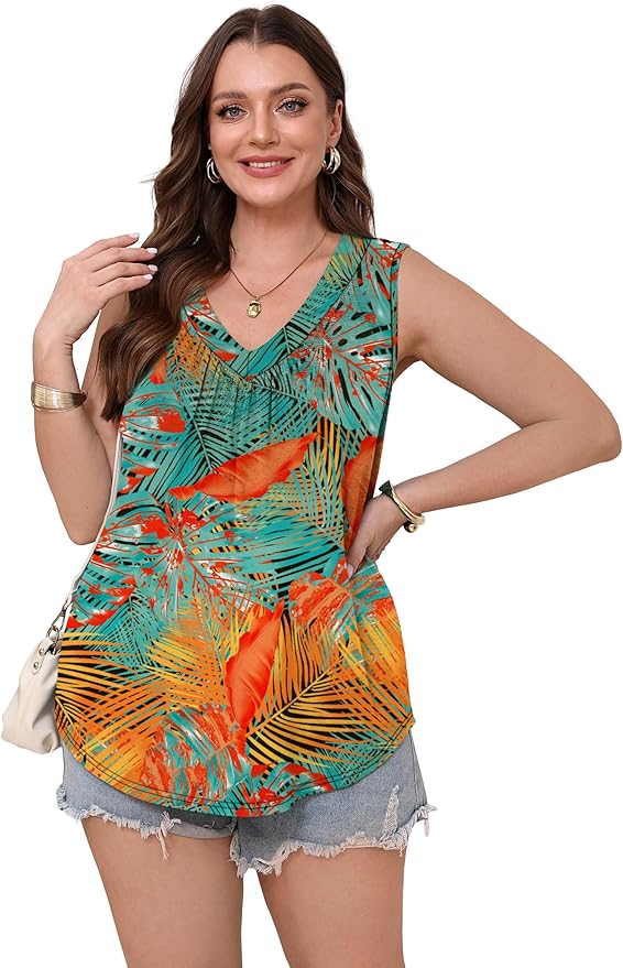 OFEEFAN Tank Top for Women Loose Fit Sleeveless Shirts V Neck Summer Clothes Ruched Women's Tees and Tanks Curved Hem