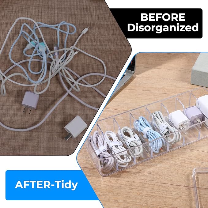 4 Pcs Cord Storage Organizer Clear Plastic Cable Storage Box with 40 Silicone Wire Ties, Cord Organizer Box with Lid for Home Office Desk Organization, Jewelry and Accessories