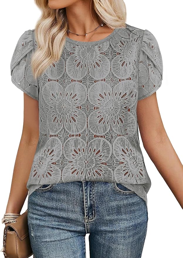 OFEEFAN Blouses for Women Dressy Casual Petal Short Sleeve Shirts Crochet Lace Boho Tops Spring Fashion Summer Outfits
