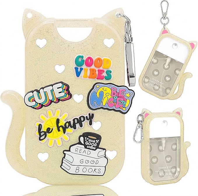 Cat Silicone Case for Touchland Hand Sanitizer Spray, Hand Sanitizer Holder Keychain with 4 Cute Charms for Touch Land Mist 1FL. OZ