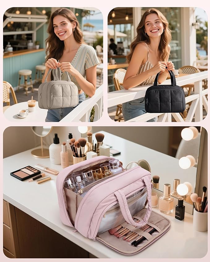 Marscamd Travel Makeup Bag for Women, Puffy Cosmetics & Toiletry Organizer with Leakproof Pockets for Travel-Size Shampoo, Conditioner, Brushes & Essentials - Medium Size, Dark Pink (Bag Only)