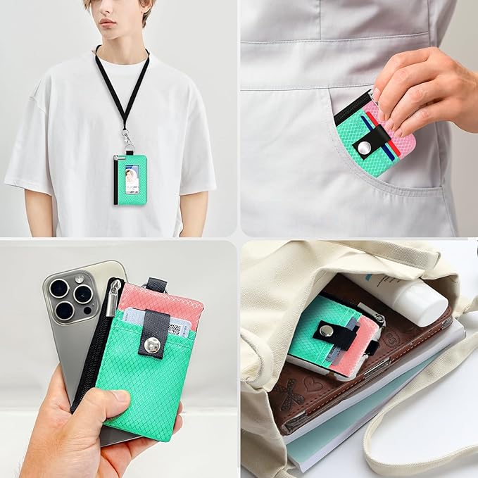 Minimalist RFID Blocking Small Wallet with ID Window,WaterResistant Zip Id Case Wallet with Lanyard Keychain for Cards,Cash,Travel,Women,Men (Mint Green/Pink)