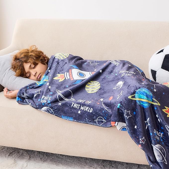 Wajade Toddler Fleece Space Blanket for Boys Kids 3D Rocket Planets Soft Throw Blanket Birthday Christmas Halloween Space Decor for Children 60"x80"