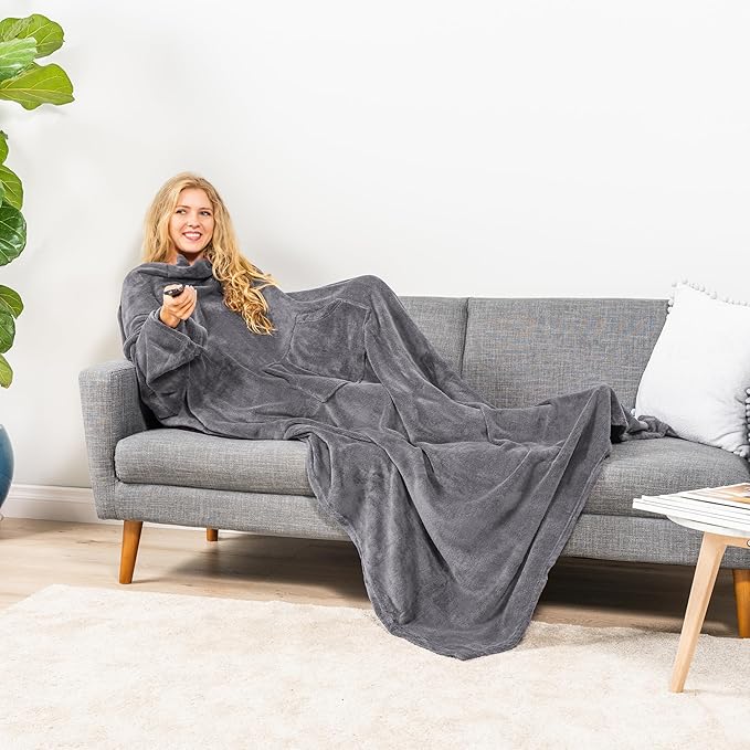 PAVILIA Blanket with Sleeves for Adult Women Men, Soft Warm Wearable Blanket Fleece Wrap Throw, Robe Blanket Gift