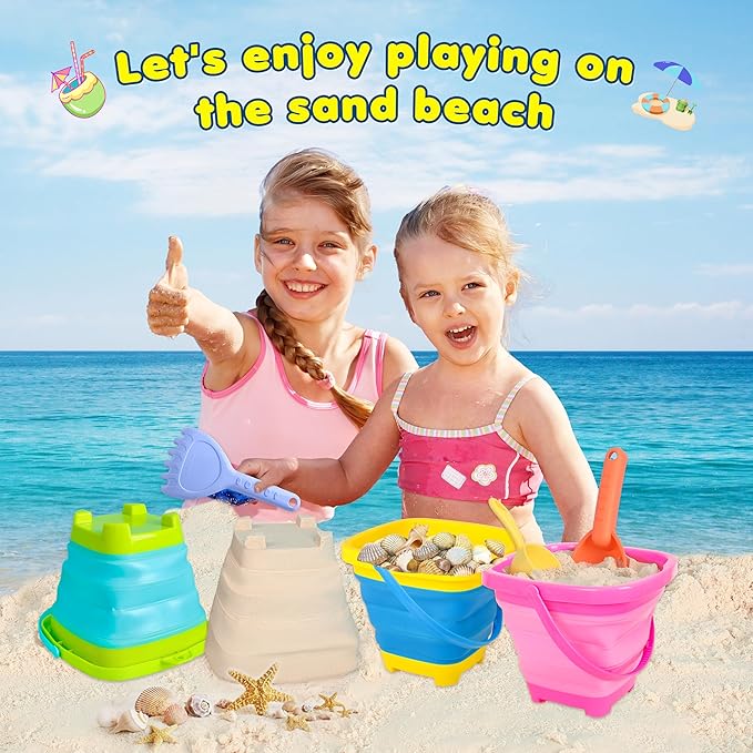 Xgunion Collapsible Beach Sand Bucket 3 Packs Foldable Buckets Set with Shovels & Mesh Bag Collapsible Beach Toys for Kids Summer (Yellow, Blue, Green, Pink, Medium)