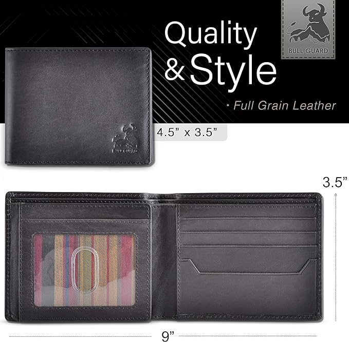 BULL GUARD Black Leather Wallet for Men with RFID Blocking - Bifold High Capacity with Side Flip 2 ID Windows and 10 Credit Cards Slots