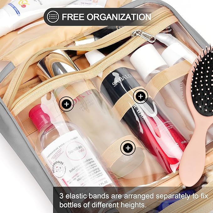 Travel Hanging Toiletry Bag for Women and Men, with 8 Leak Proofing Silicone Bottle Covers, Waterproof Makeup Accessories, Cosmetic Essentials, Cruise Ship Toiletries Bag with Jewelry Organizer, Grey