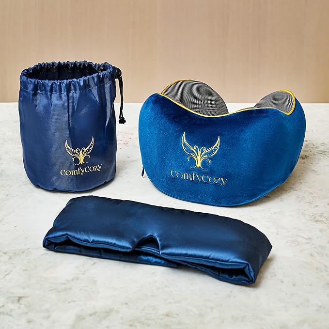 ComfyCozy Luxury Travel Pillow and Silky Plush Eye Mask - Sleeping Traveling Airplane Essentials - Memory Foam Neck Support Pillows for Plane Car Flying - International Flight Must Haves Essentials