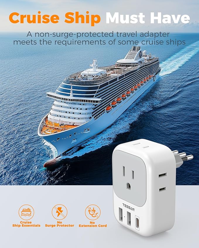 TESSAN Italy Travel Plug Adapter, Type L Adapter for Travel with 4 Outlets 3 USB Ports (1 USB-C), Power Adaptor for US to Italy Chile Rome Uruguay Milan Libya
