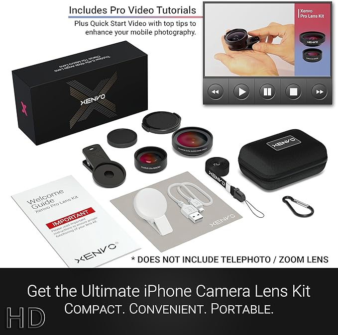 Xenvo Pro Lens Kit for iPhone and Android, Macro and Wide Angle Lens with LED Light and Travel Case Black