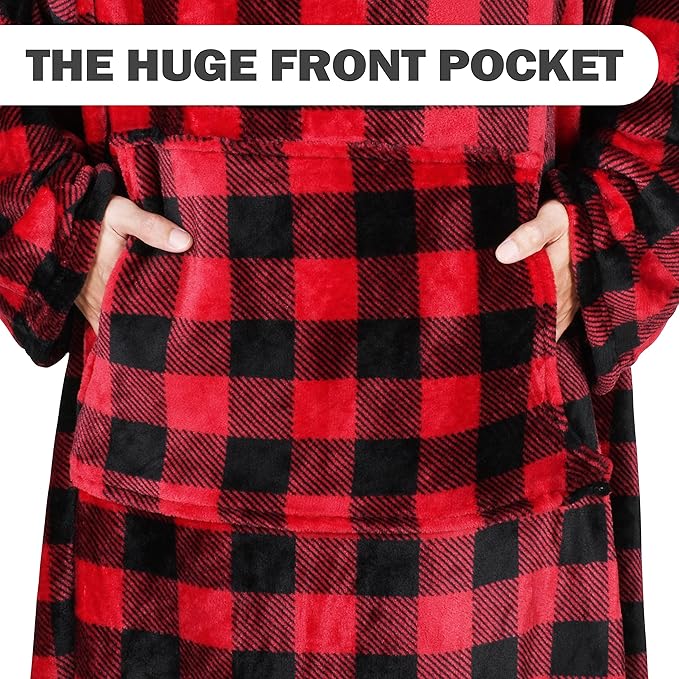 Solaris Travel Wearable Blanket with Sleeves, 2 in 1 Packable Airplane Pillow Blanket for Adult Women Men, Soft Cozy Warm Snuggy Body Blanket for Outdoor Indoor Home Lounge, Red Plaid