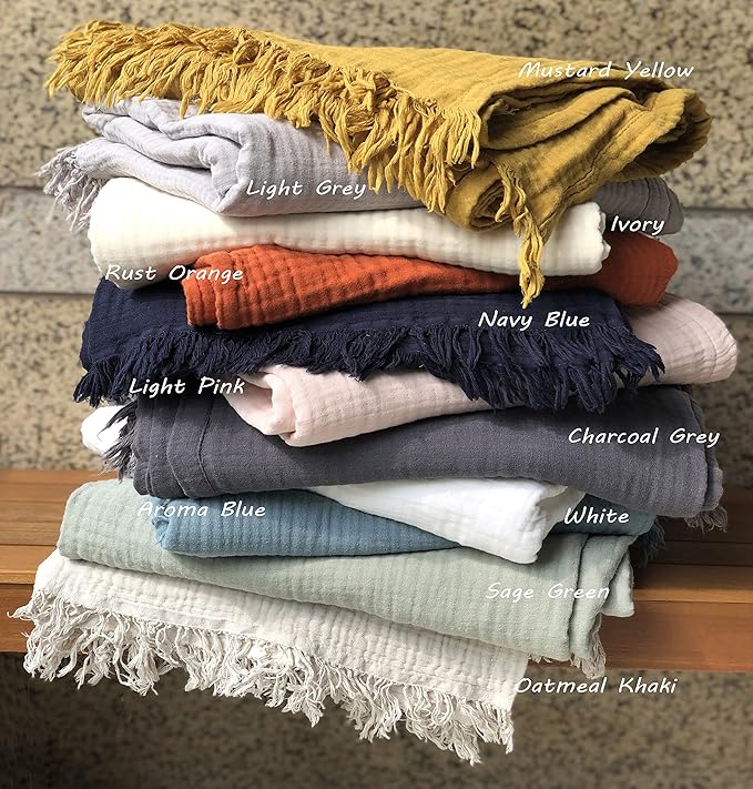 KyraHome Muslin Blankets for Adults, Couch 50"x60", 100% Organic Cotton Throw Blanket, Plant-Dyed, Breathable Lightweight Summer Throw Blanket, All Season (Oatmeal Khaki Tan)