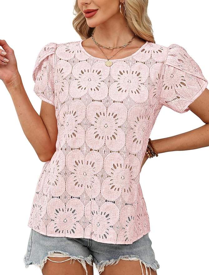 OFEEFAN Blouses for Women Dressy Casual Petal Short Sleeve Shirts Crochet Lace Boho Tops Spring Fashion Summer Outfits