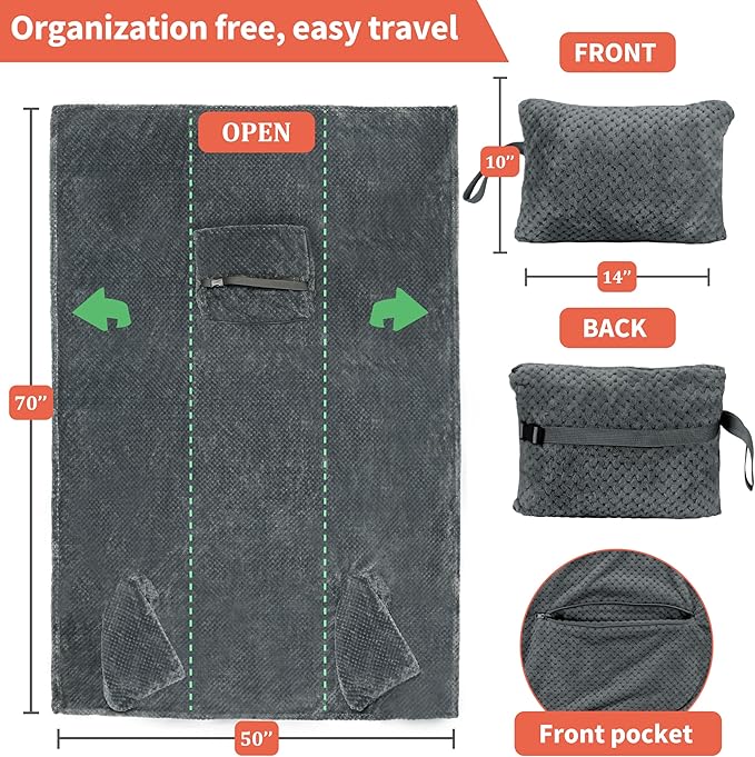 Tirrinia Travel Blanket Compact with Bag, Soft Lightweight Wearable Blanket with Foot Pockets, Airplane Travel Essential Gift