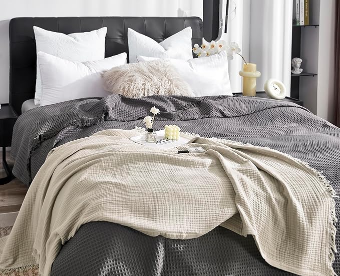 KyraHome 100% Organic Cotton Msulin Throw Blankets, Queen 90"x90", Pre-Washed Plant Dyed, Breathable Lightweight Soft Gauze Summer Blankets for Adults, Bed, All Season, Oatmeal Khaki