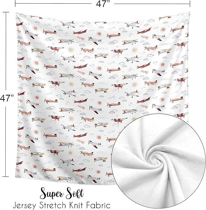 Sweet Jojo Designs Vintage Airplane Boy Baby Swaddle Blanket Infant Newborn Lightweight Jersey Stretchy Receiving Security Stroller Cover Air Plane Transportation Clouds Sun Aviator Red White and Blue