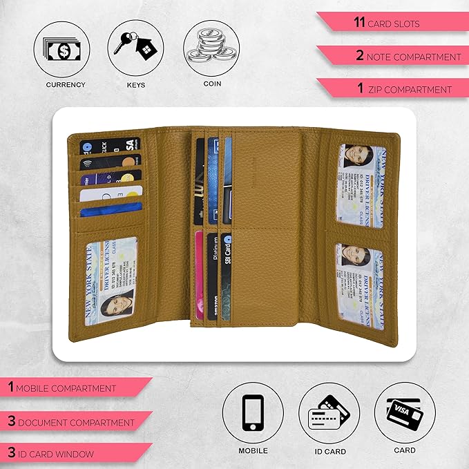 Real Leather Women Wallet Leather with RFID Blocking -Trifold Card Holder Designer Ladies Clutch with ID Window Wallets