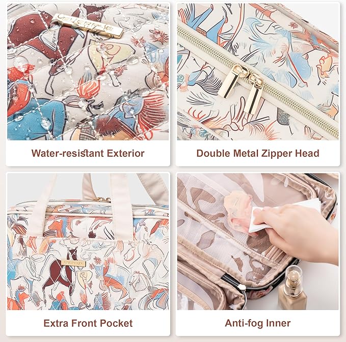 Everfun Hanging Toiletry Bag for Travel, 12x9x4.5 inch Large Capacity Cosmetic Organizer with Leakproof Wet/Dry Compartment, Waterproof Dopp Kit Toiletries Bag for Women Animal lmprint