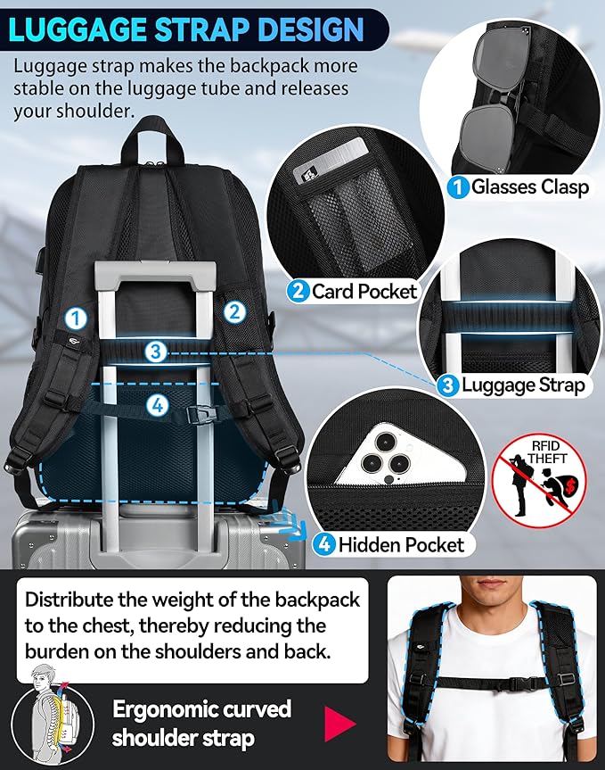 ProEtrade Travel Backpack, Extra Large Laptop Backpack School Business Anti Theft TSA Approved College Work Computer Bag Fits 18.4 Inch Laptop with USB Charging Port Bookbag for Women Men(Black,L)