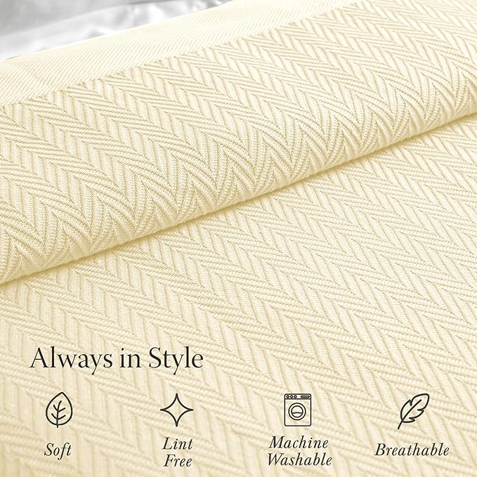 Threadmill Vanilla Cream 100% Combed Cotton King Size Blanket, All-Season Soft Breathable Light Weight Herringbone Throw
