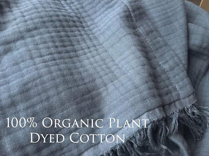 KyraHome 100% Cotton 104"x90" King Size Cotton Blankets for Adults, Kids, Couch, Plant Dyed Pre-Washed Breathable Lightweight Gauze Muslin Bed Blanket, All Season, Slate Blue
